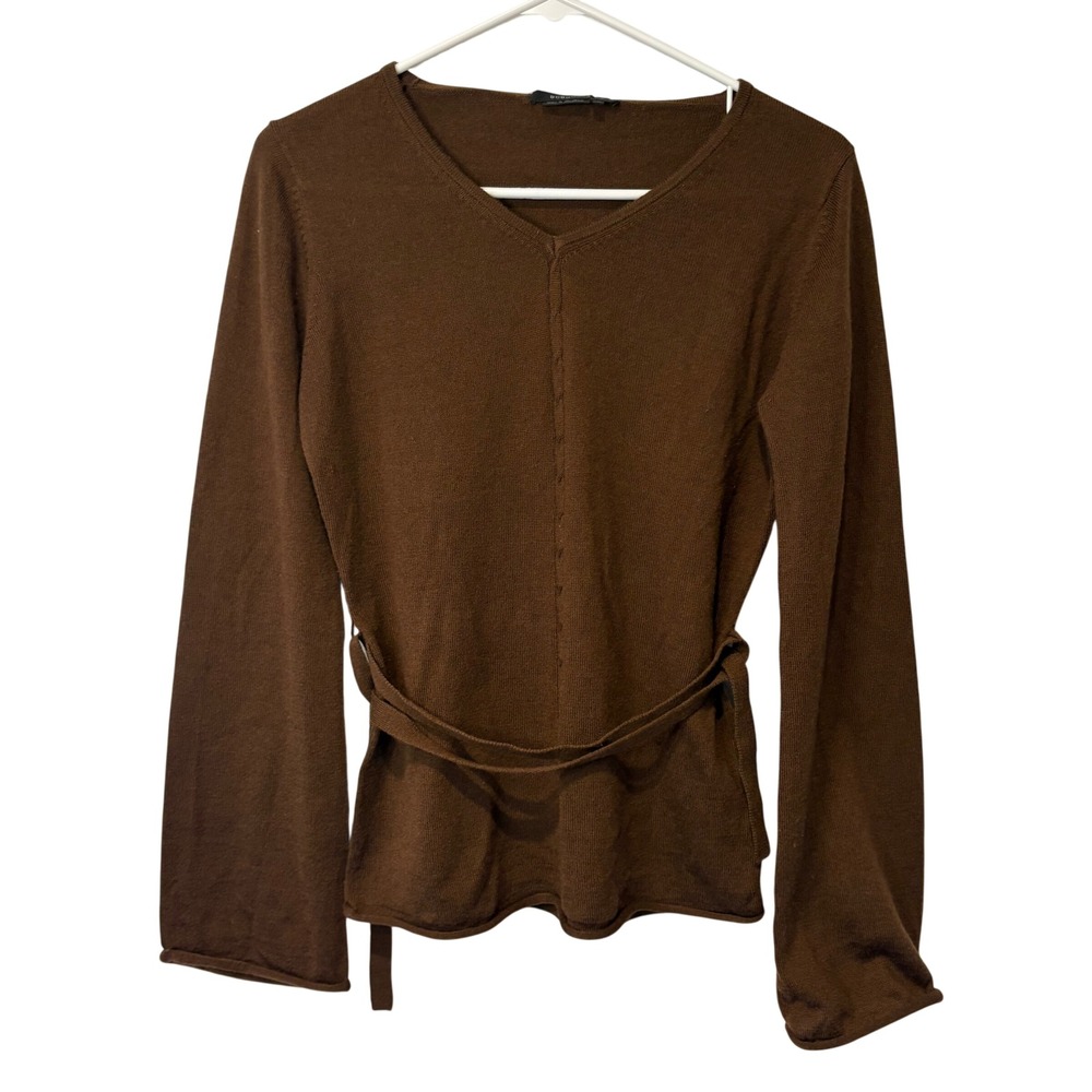 BCBGMAXAZRIA Knit Top Womens Medium Brown V-Neck Belted Wool Blend Bell Sleeve - Picture 1 of 8